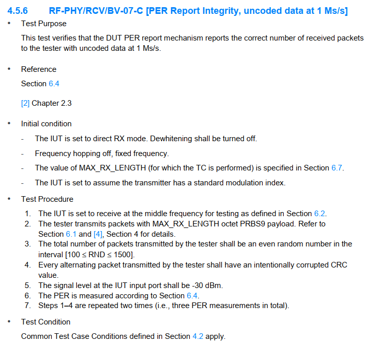 Uncoded Data BLE_BQB Test_PER Report Integrity, uncoded data at 1 Ms/s_RF-PHY/RCV/BV ...