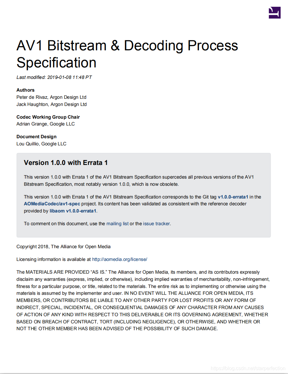 AV1 Bitstream & Decoding Process Specification Cover