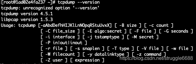 tcpdump: unrecognized option '--version'