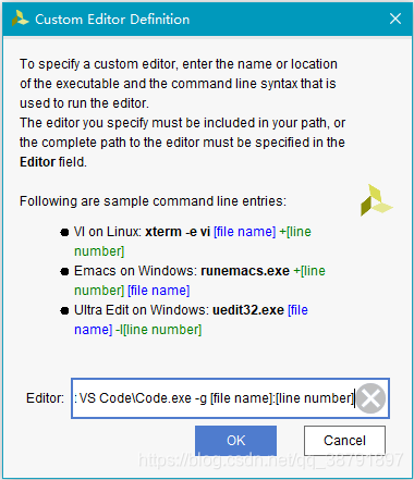 填写"编辑器的路径 -g [file name]:[line number]"，完成后点击"OK"
