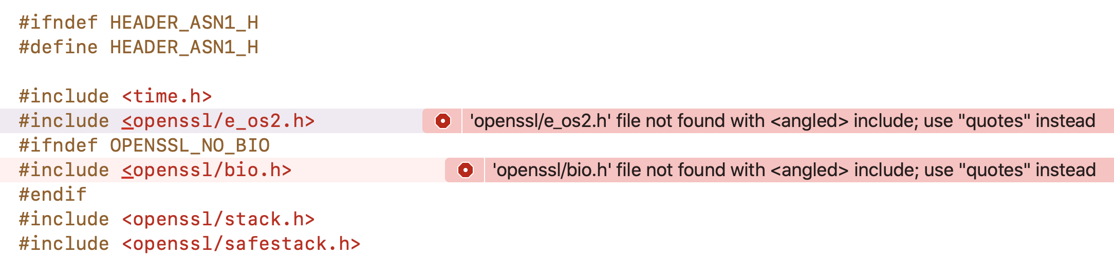 ‘openssl/asn1.h‘ file not found / ‘openssl/e_os2.h‘ file not found with ＜angled＞ include； use “quote