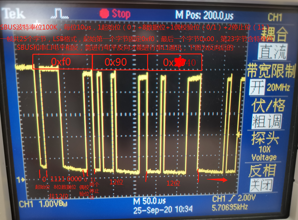 SBUS一帧共有25个字节构成，其波特率为100K，所以可
