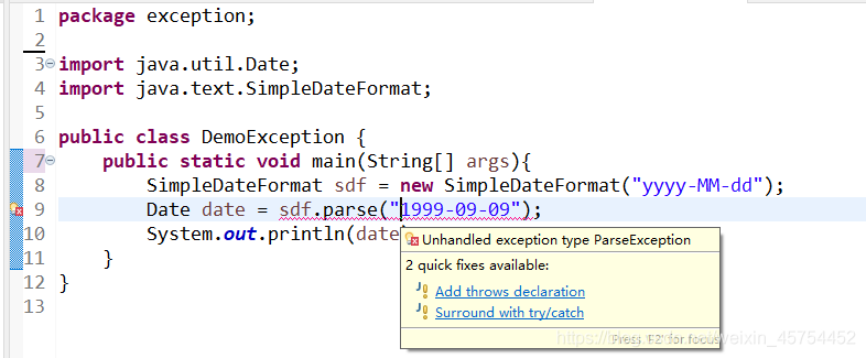 Unhandled exception type ParseException 使用SimpleDateFormat的parseAPI-CSDN博客
