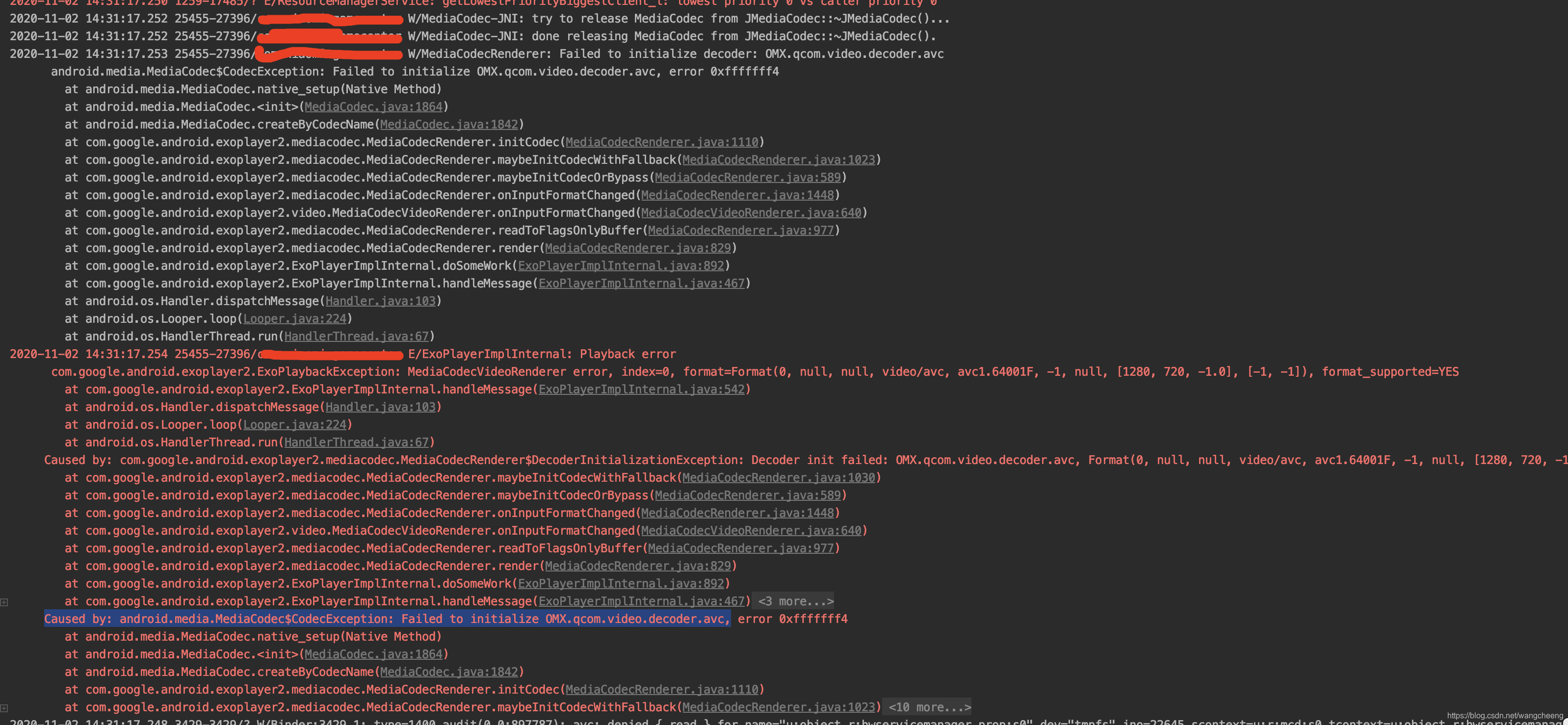 ExoPlayer - Failed to initialize OMX.qcom.video.decoder.avc