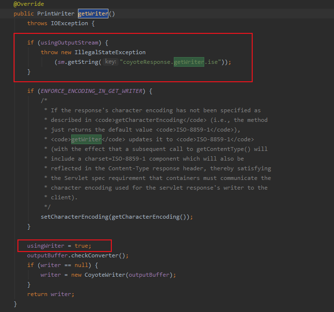 获取PrintWriter对象，先检查是否已经使用了ServletOutputStream对象，若使用直接抛出异常