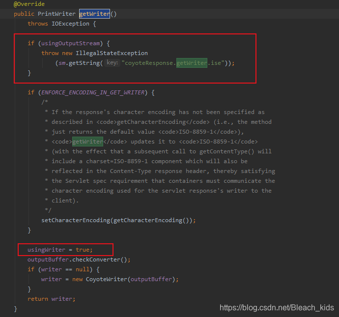 获取PrintWriter对象,先检查是否已经使用了ServletOutputStream对象,若使用直接抛出异常