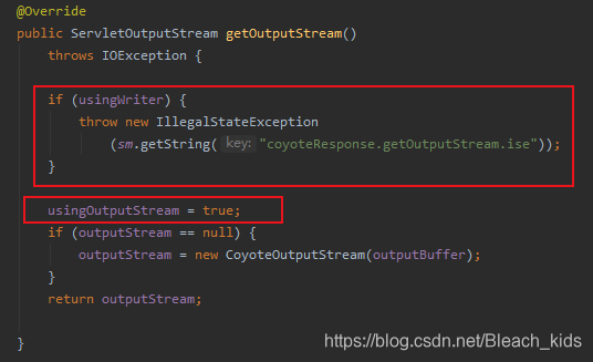 获取ServletOutputStream对象,先检查是否已经使用了PrintWriter对象,若使用直接抛出异常