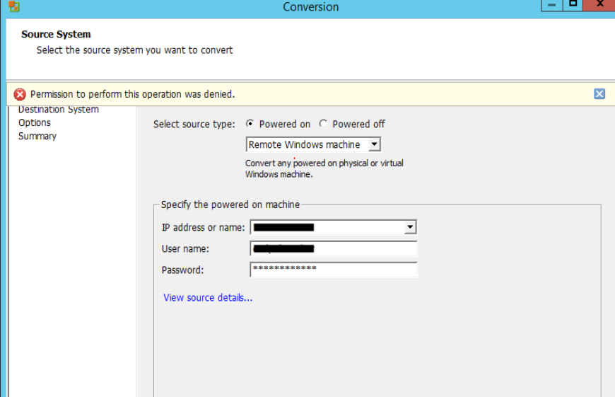 vmware vcenter converter standalone permission to perform this operation was denied