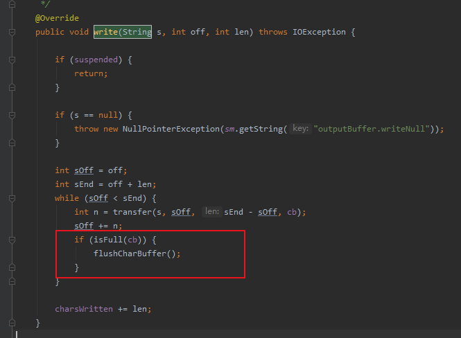 在write方法里可以看到，他会检查cb缓冲区是否已满，若已满则提前把内容刷出去