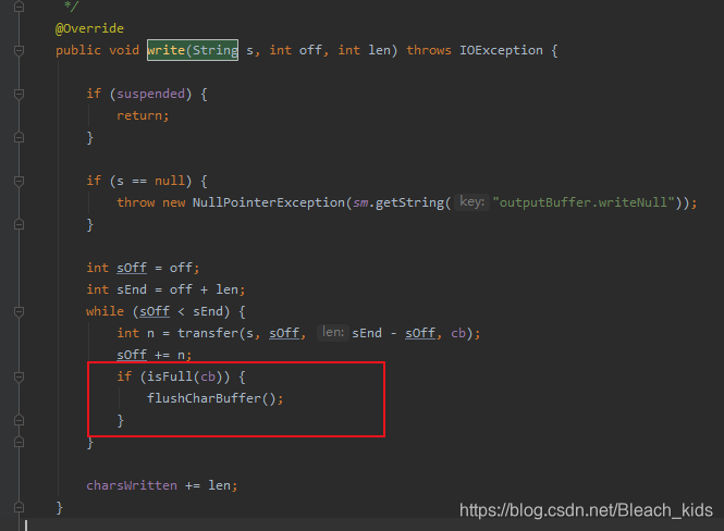 在write方法里可以看到,他会检查cb缓冲区是否已满,若已满则提前把内容刷出去