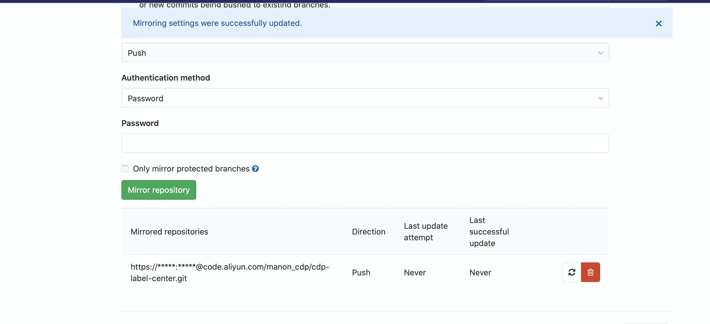 gitlab使用Mirroring repositories远程合并代码到其他仓库_gitlab mirroring repositories