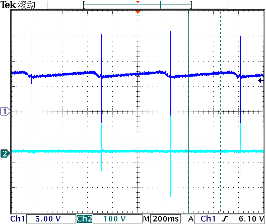▲ T1,T2间歇振荡的波形T1基极波形(蓝色)C1波形(青色)