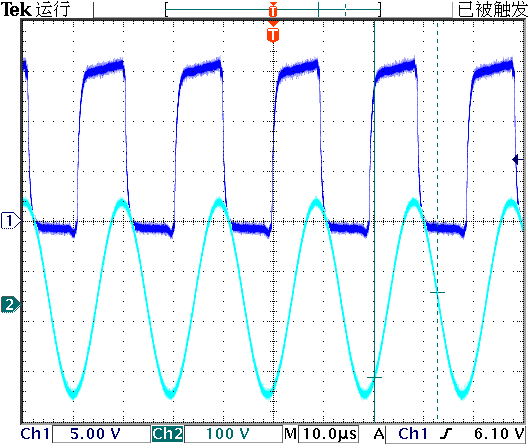 ▲ 电路振荡波形T1基极波形（蓝色）C1电压波形（青色）