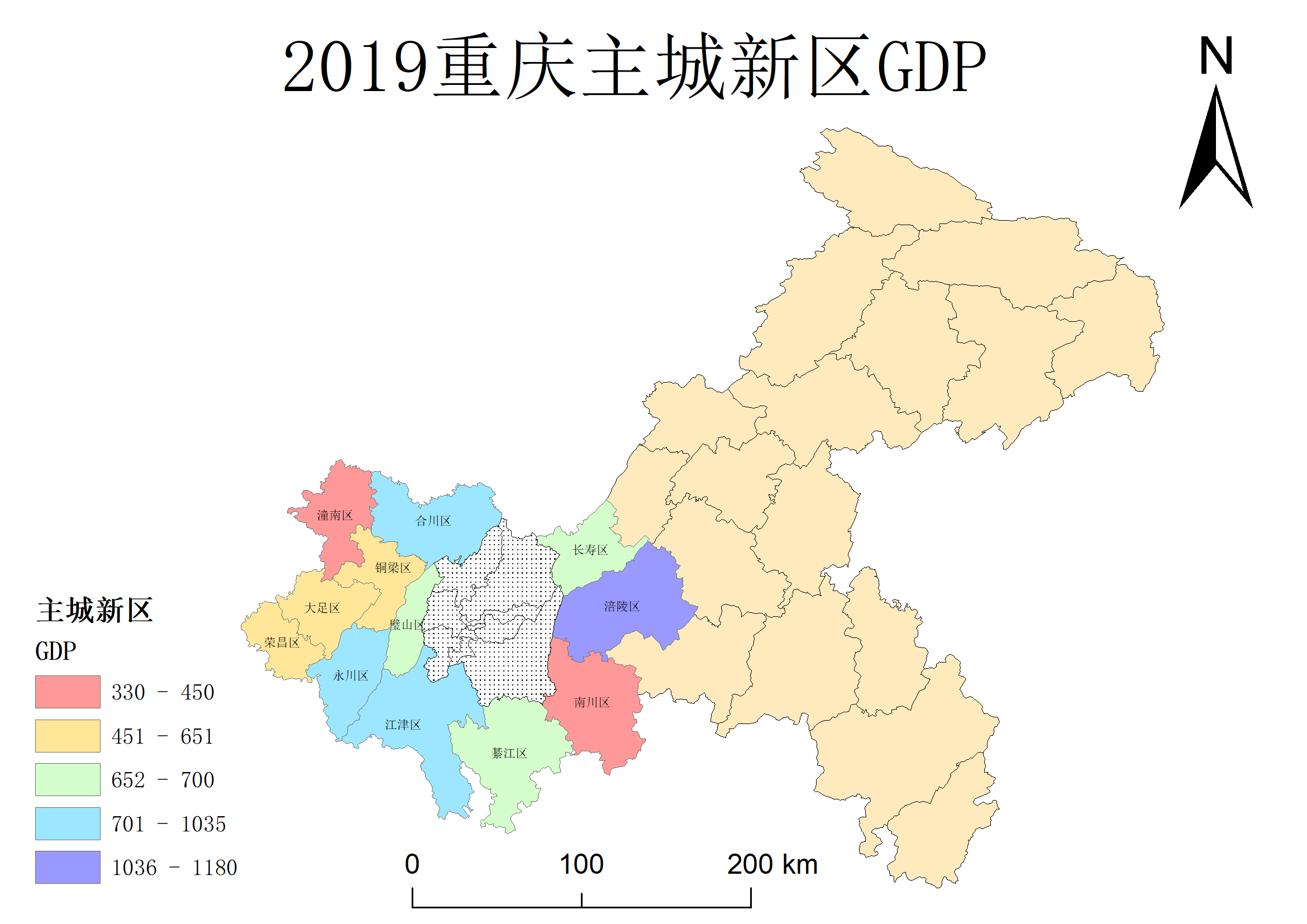 利用arcgis制作2019年重庆主城新区gdp地图