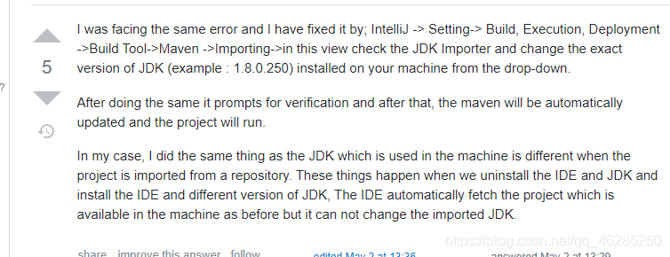 settings--->Build, Execution, Deployment --->Build Tool--->Maven --->Importing--->设置JDK for Importer为JDK