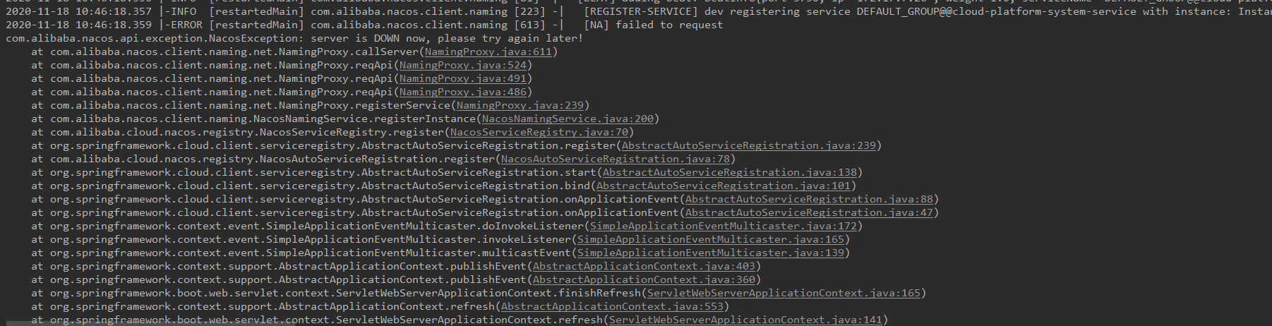 NacosException: server is DOWN now, please try again later!