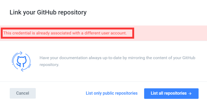 gitbook关联github报错 this credential is already associated with a different user account.