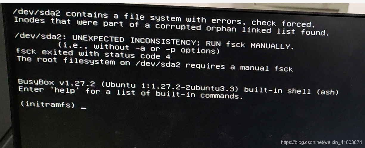 /dev/sda2 contains a file system with errors, check forced | initramfs ...