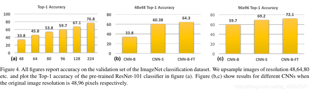 图4。所有数字都是导入的有效数据集。我们提高了图像分辨率48，64，80等。并在图(a)中绘出预先训练的ResNet-101分类器的前1精度。图(b，c)显示了原始图像分辨率分别为48，96像素时不同CNNs的结果。