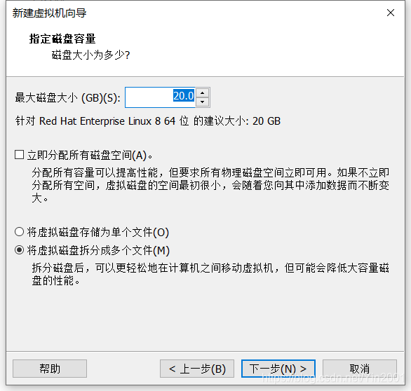 如上,最大磁盘大小20即可够用,下一步