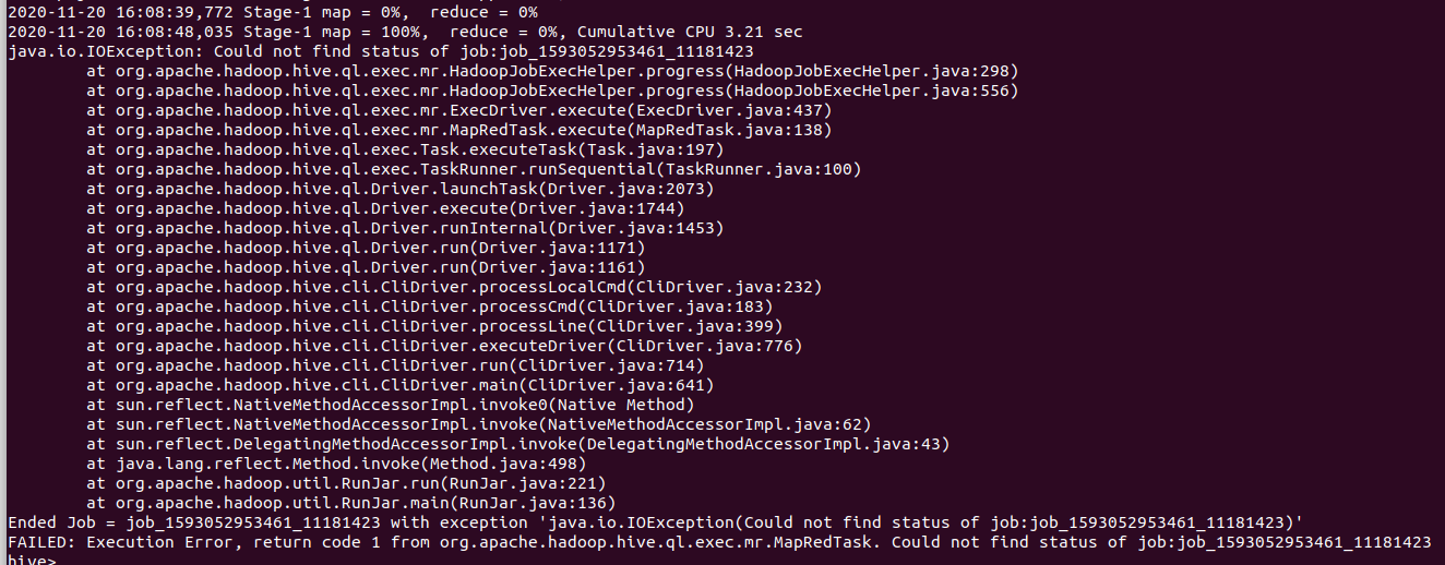 hive获取执行结果报错java.io.IOException Could not find status of job_the