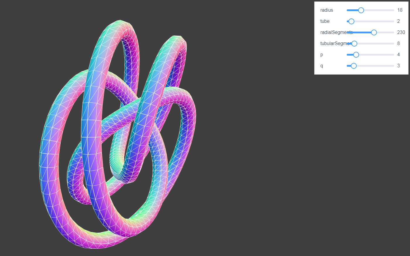 three.js之几何体-三维环面扭结TorusKnotGeometry(vue中使用three.js28)_threejs ...