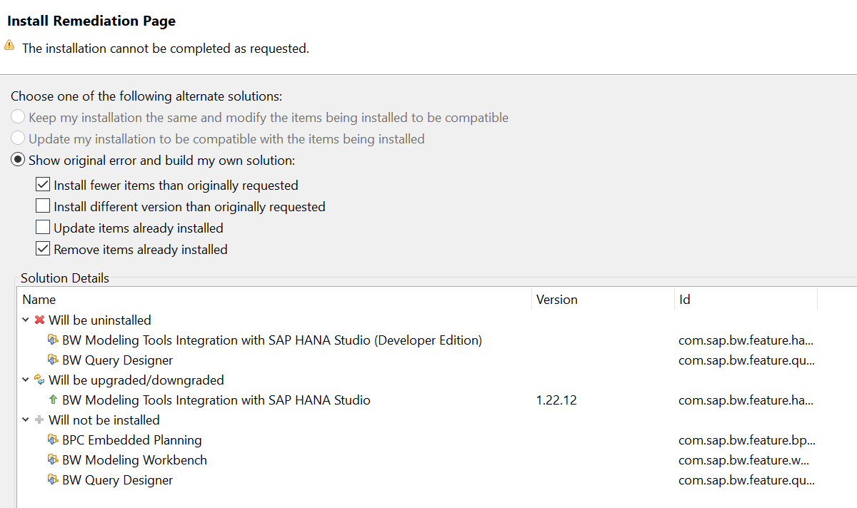 在HANA Studio里安装BW Modeling Tools总是出错_your bw modeling client is out of