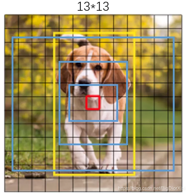 黄框为真实目标，红框为grid cell，三个蓝框为anchor box