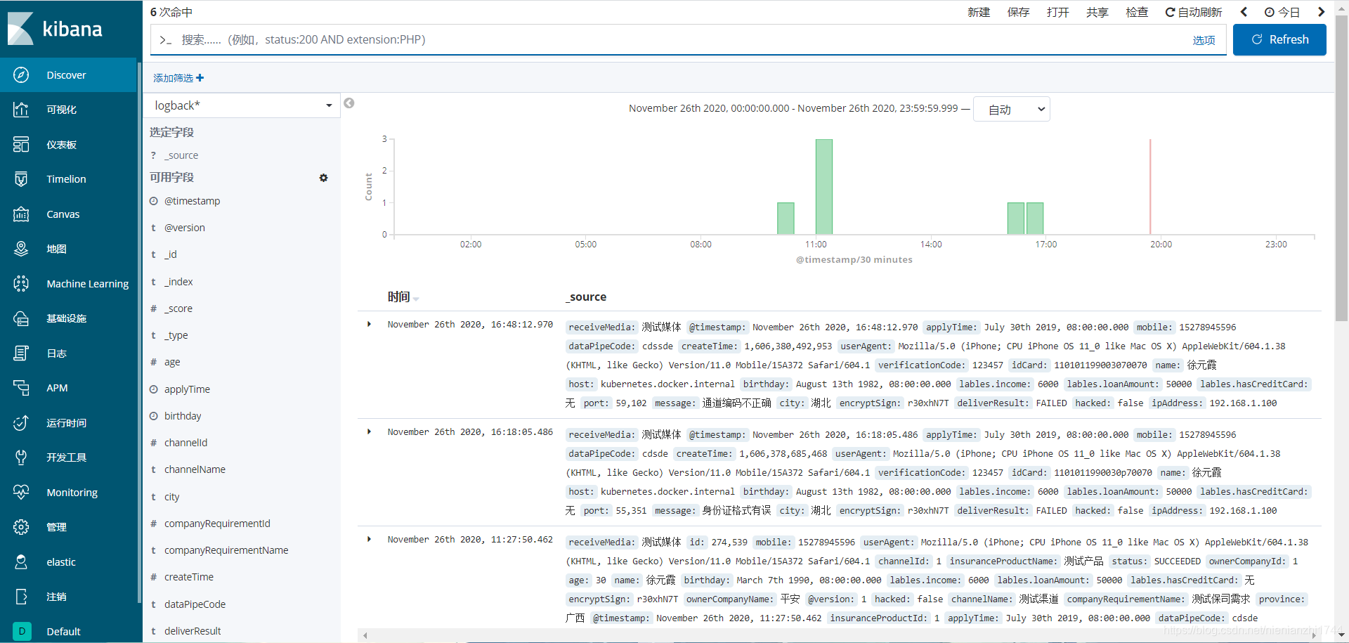 página de visualización del registro de kibana