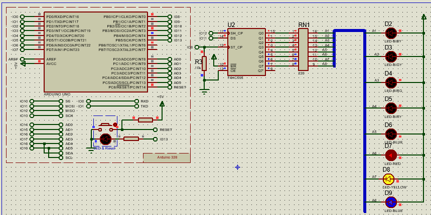 arduino uno利用74hc595控制8个流水灯 proteus仿真
