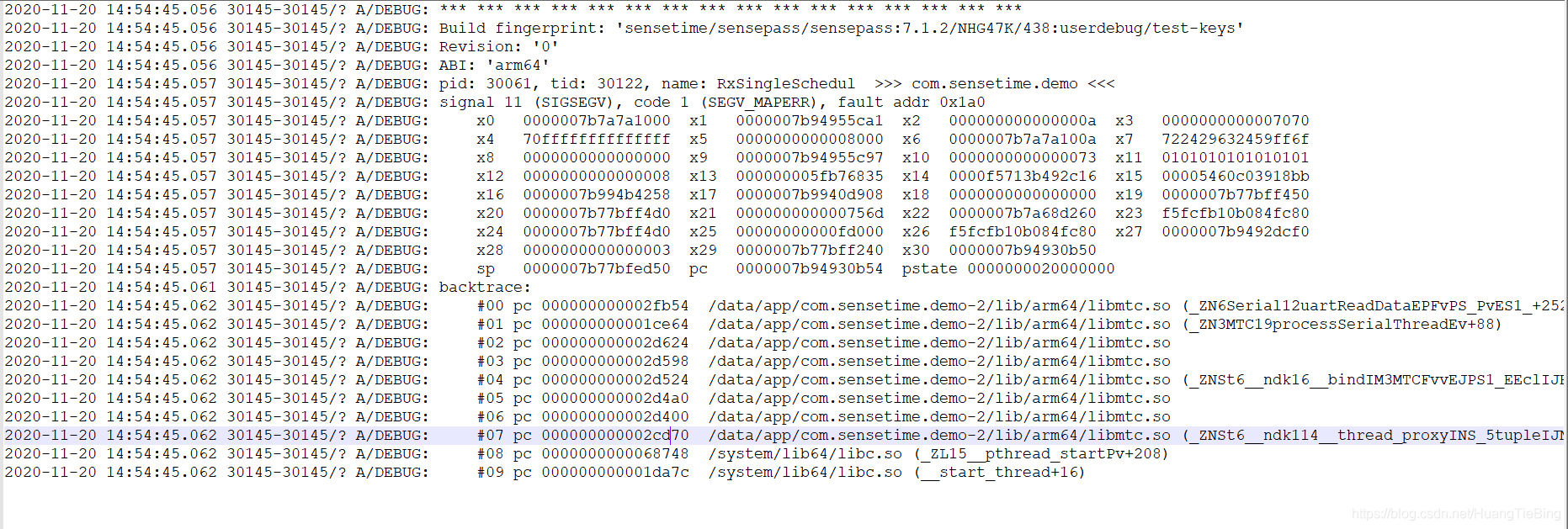 有堆栈信息崩溃日志，存在一个文件里，比如logcat.txt