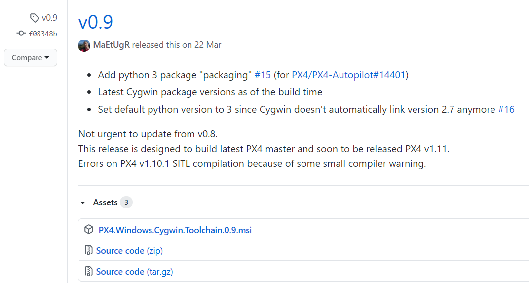 0.9版本 只要下載PX4.Windows.Cygwin.Toolchain.0.9.msi即可，其他兩個source code不要下載