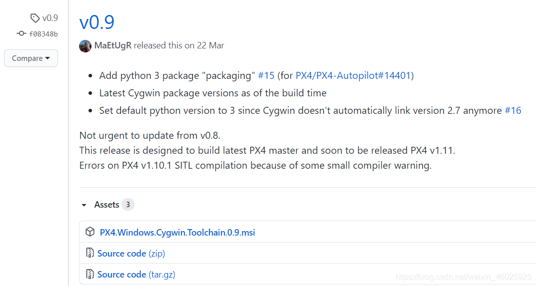 0.9版本 只要下载PX4.Windows.Cygwin.Toolchain.0.9.msi即可，其他两个source code不要下载