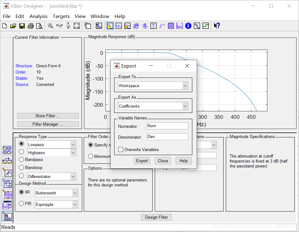 【MatLab fdatool】Butterworth 低通 & 带阻 滤波器 (MatLab &C++)_fdatool ...