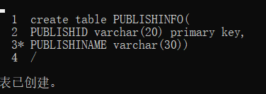 新建表PUBLISHINFO，其结构如下，主键为PUBLISHID。字段名中文释义数据类型PUBLISHID出版社编号VARCHAR(20)PUBLISHNAME出版社名称VARCHAR(30)
