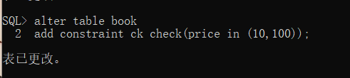 为BOOK表添加完整性约束，其中BOOKNAME为非空，且唯一；PRICE取值为10到100之间