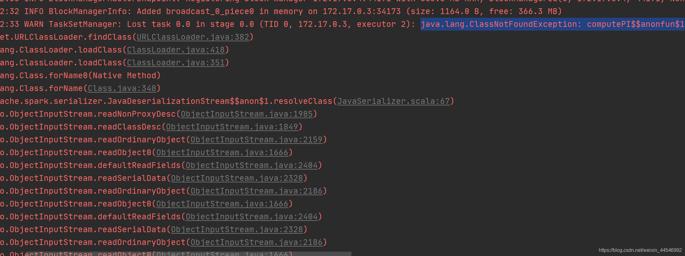 Spark:java.lang.ClassNotFoundException: computePI$$anonfun$1 ...