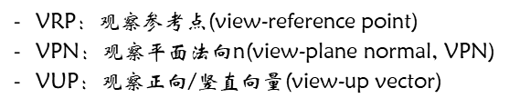 **观察平面法向量**（VPN：View-plane Normal）和**观察正向向量**（VUP：View-up Vector）。