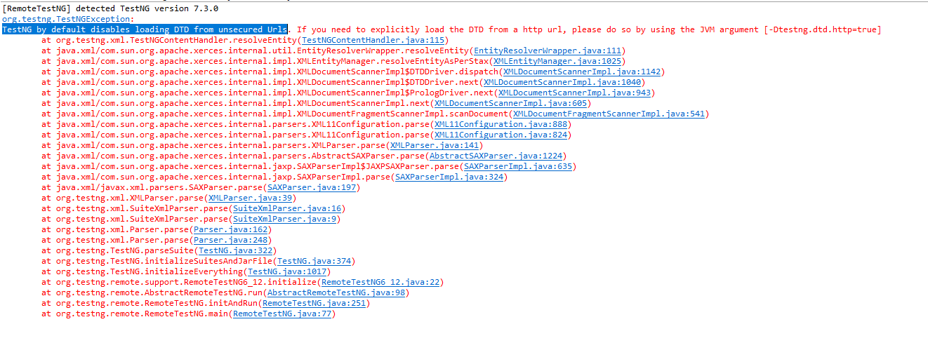 Eclipse运行testGN class报错：TestNG by default disables loading DTD from unsecured Urls