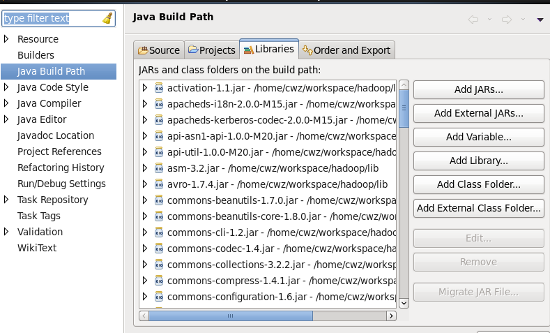 创建HDFS，导入HADOOP jar包