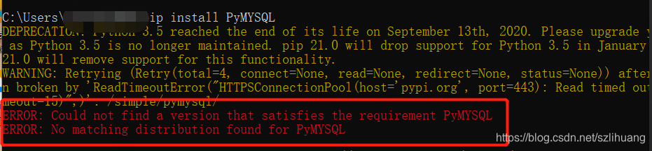 使用pip安装pymysql模块出错解决ERROR:Could not find a version that satisfies the ...