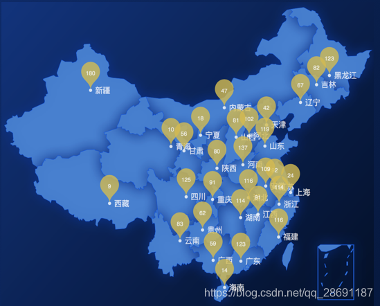 echarts 創建中國氣泡地圖和定位圖表點 點擊地區域高亮顯示