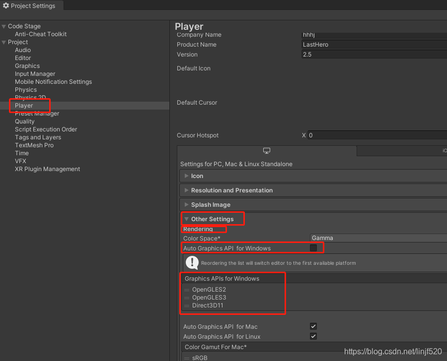 Unity Editor 下切换 Graphics API (图形渲染 API):Dxt/OpenGL ES 2.0/3.0/_auto ...