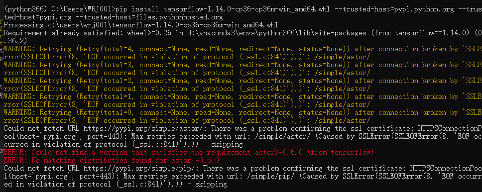 Win10 tensorflow gpu could not fetch url https pypi simple pip 