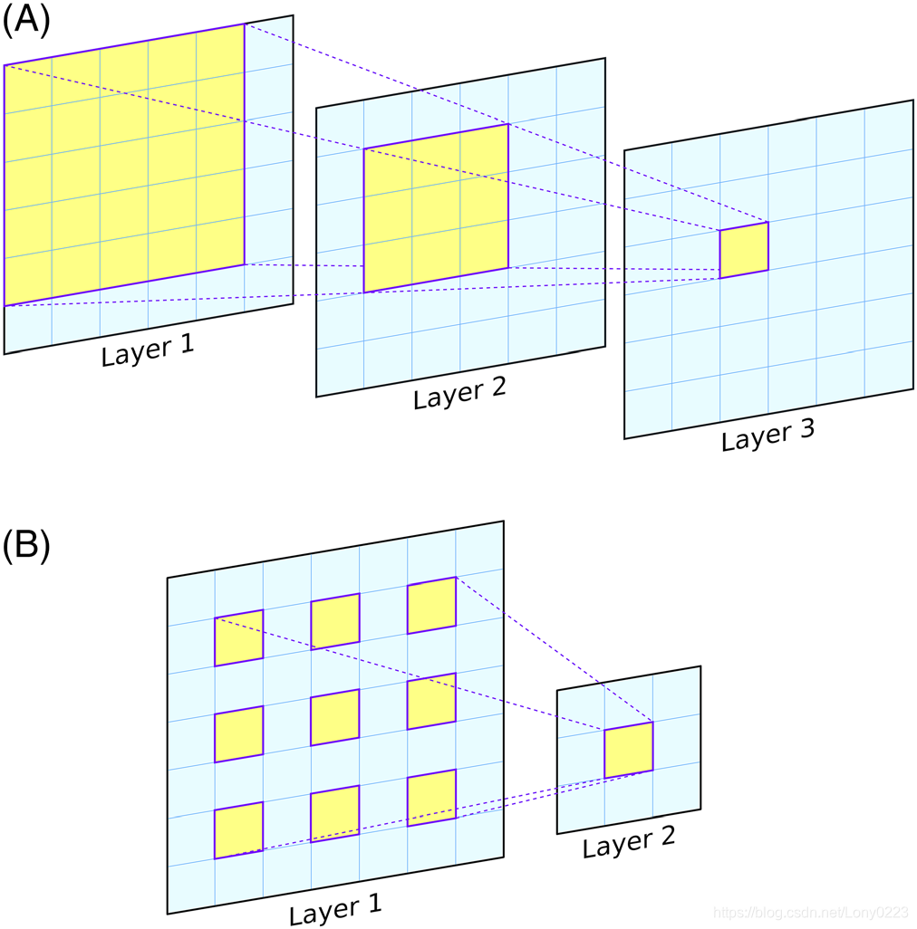 A，添加了卷积层后，显示了2D CNN感受野的增长示意图。6×6网格表示三个连续卷积层的输出，卷积核大小为3×3，信息从第1层流到第3层。第3层（黄色单元）的单个输出是使用3×3窗口对来自第2层的输入进行处理获得的 。第2层中的这9个单元格中的每一个都使用第1层的3×3窗口。这些窗口重叠，并且第2层中高亮显示的单元格所使用的单元格的集合并被标记在第1层（5×5网格）。因此，从第3层中每个输出像元的角度来看，接收场在第1层中是5×5个像素。B，展示了一个单一扩展卷积的卷积核，其中卷积核大小为3×3和扩张率为2。尽管仅具有九个可调整的权重，但该层的感受野为5×5。 栈式扩张卷积层可以使感受野通的大小过线性增加的参数数量呈指数增长。 相反，使用传统卷积层时，感受野和可调参数的数量都线性增长，如图A所示