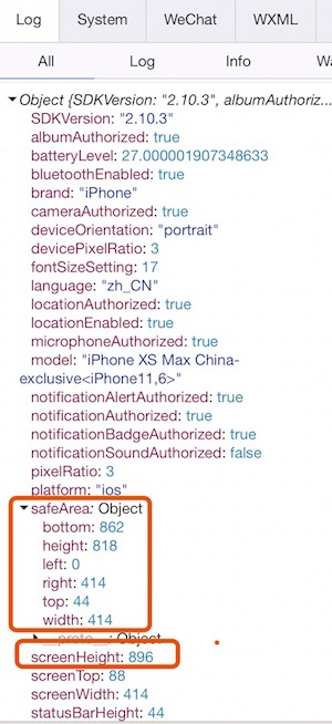 iPhoneXSMAX-getSystemInfoSync获得的对象.jpeg