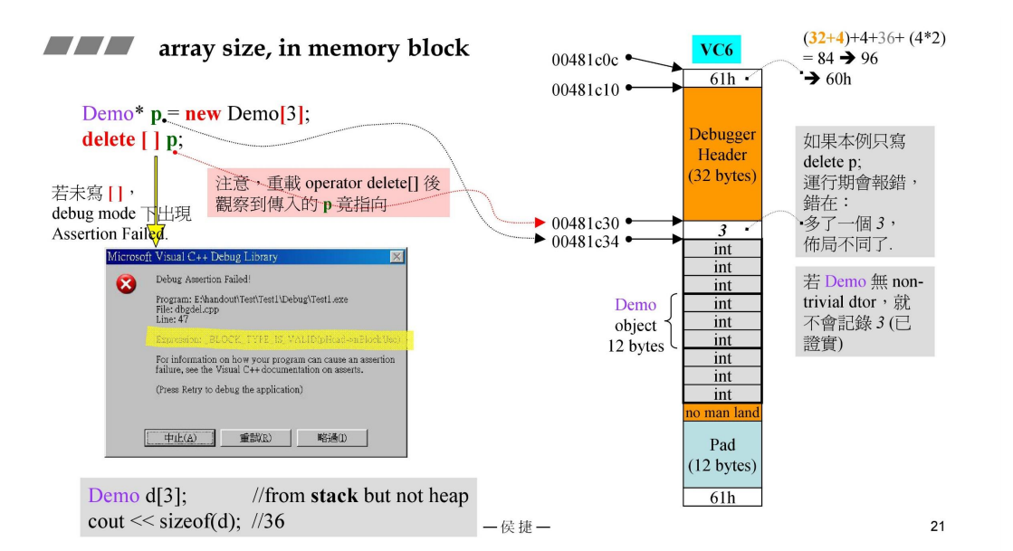 C++ 内存基本构件new [] /delete []的意义、内存泄漏原因、VC下cookie的基本布局