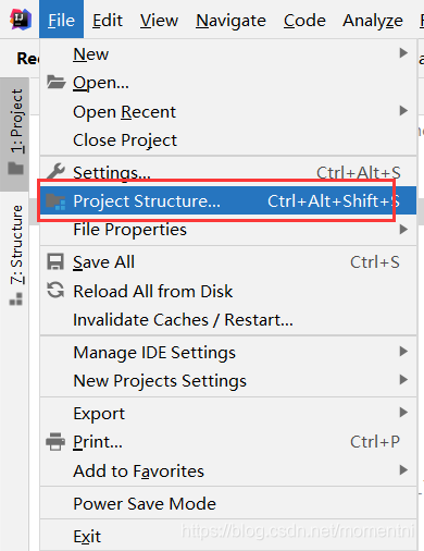在File菜单栏中选择“Project Structure”项