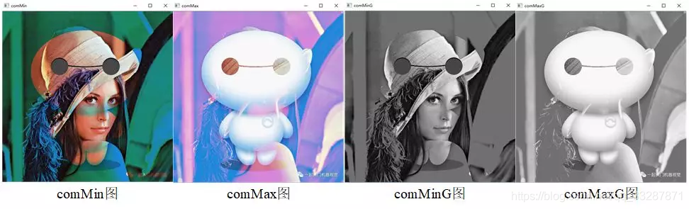 axAndMin.cpp程序中两个彩色图像和灰度图像进行比较运算结果