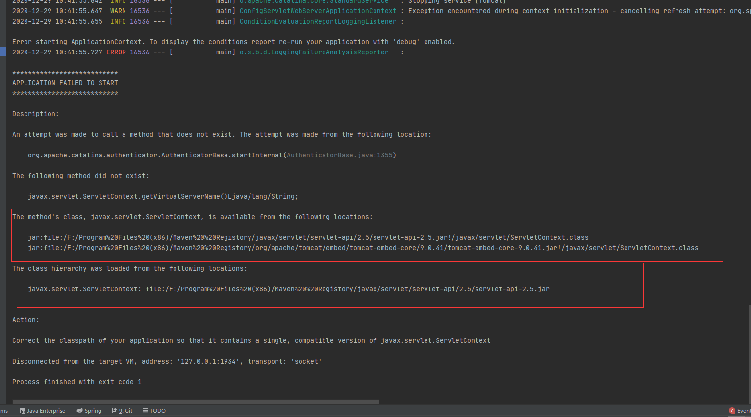 springboot启动报错The method‘s class, javax.servlet.ServletContext, is available from the following - 图1
